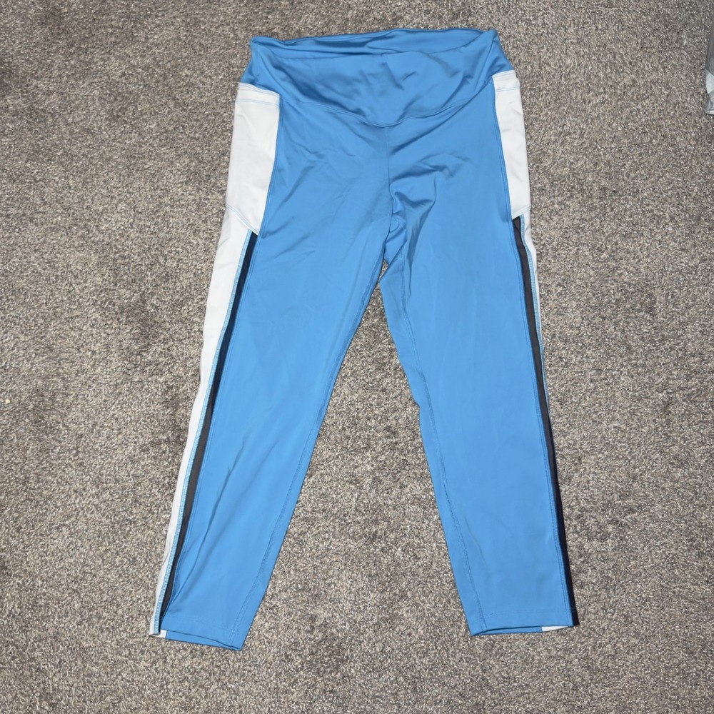 PINK Victoria's Secret Active Leggings XL Blue White Stripe Side Pocket Cropped